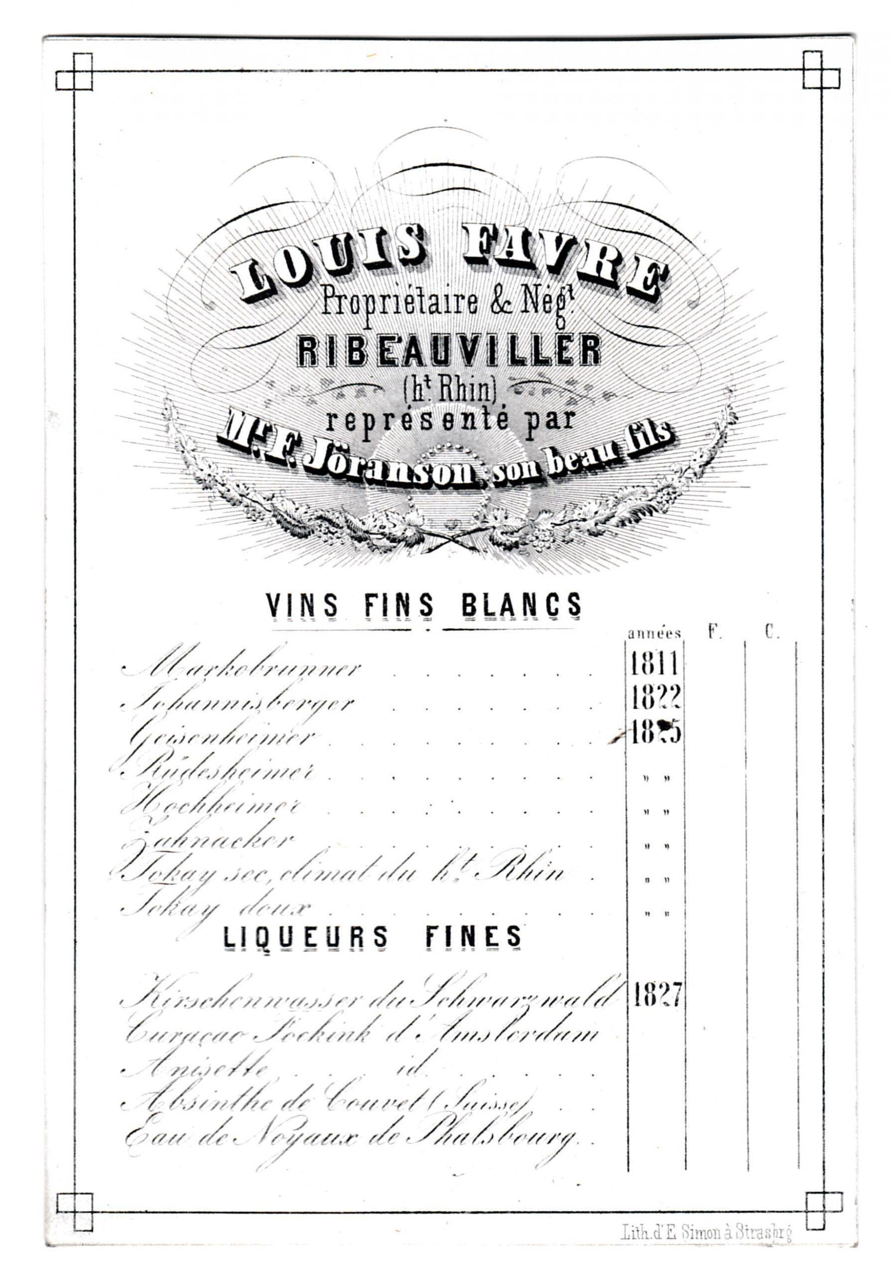 Vin d’Alsace et du Rhin en bouteilles, vers 1830