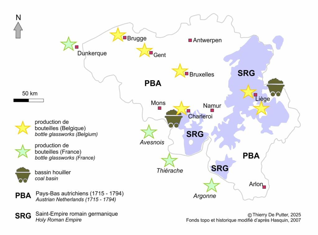 Carte de production des bouteilles anciennes Belgique